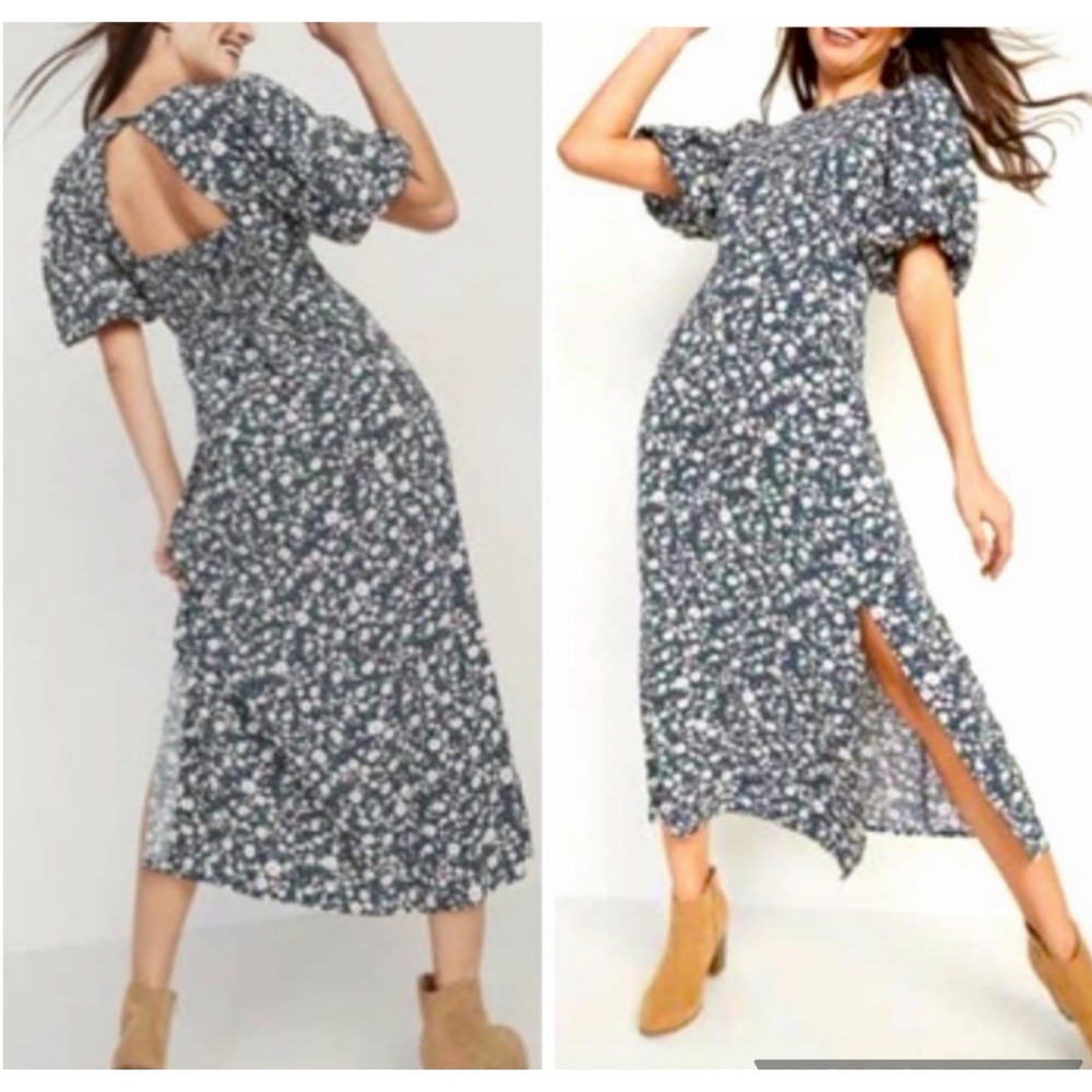 Old Navy Womens XXL Navy Blue Floral Puff Sleeve Smocked Back Midi Dress 763320